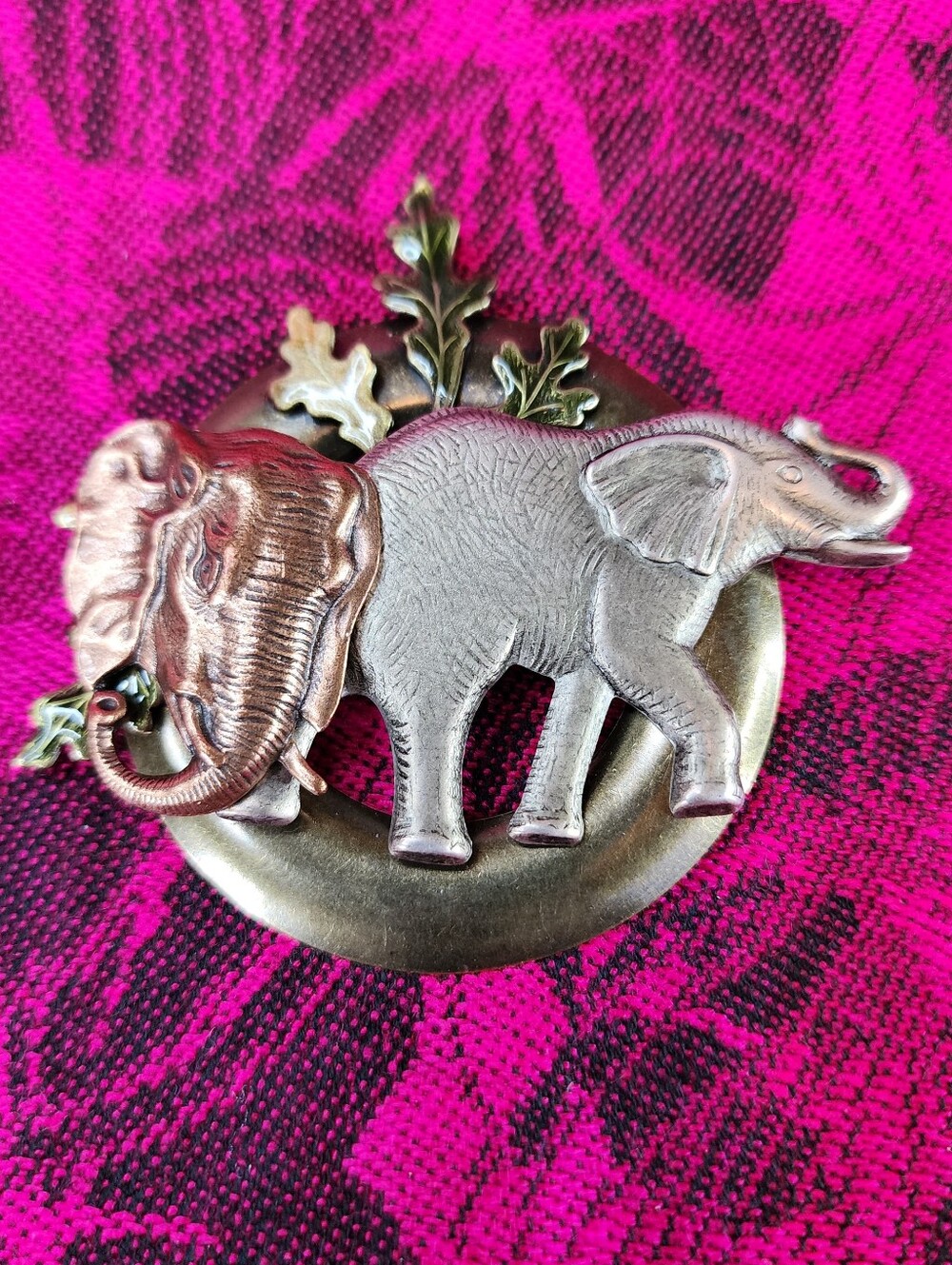 Rustic Mixed Metal Elephant Duo Statement Brooch.